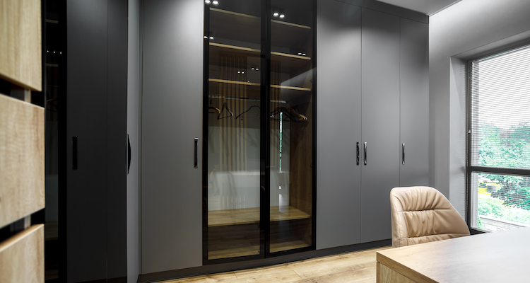 modern grey fitted corner wardrobe