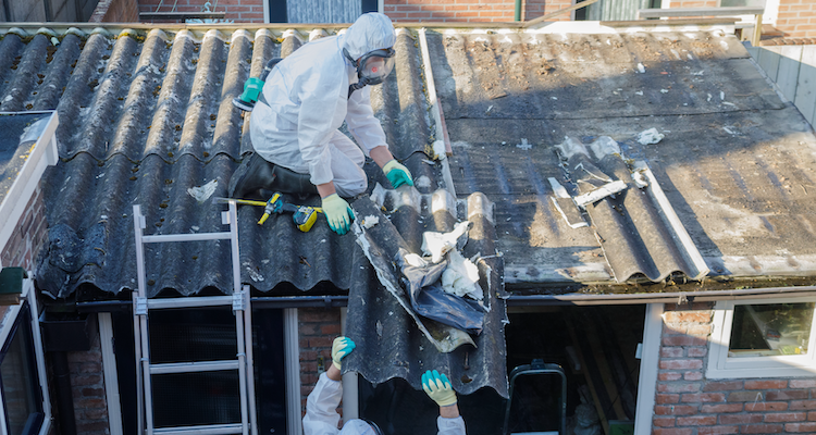 two asbestos removal specialists removing an asbestos roof