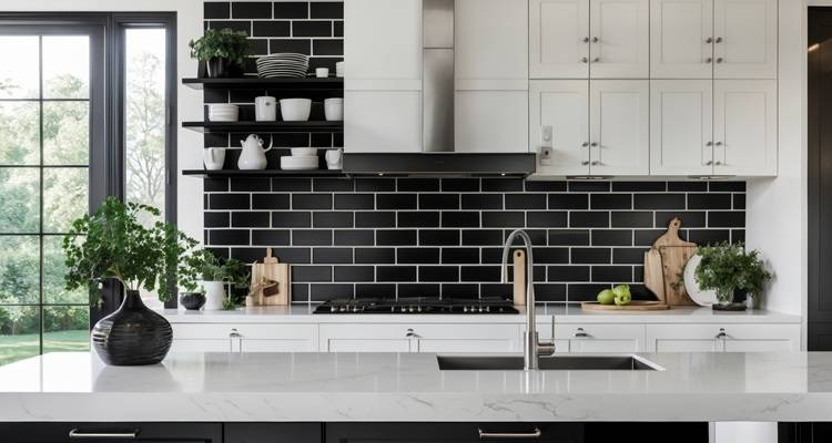 black tile kitchen splashback